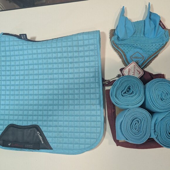 Lemieux Suede Dressage Saddle Pad Size S/M w/ Matching Ear Bonnet Size M & Polos - Picture 2 of 3
